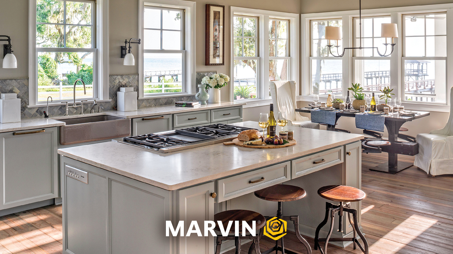 Neutral kitchen with Marvin Elevate double hung windows