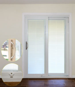 Provia patio door with internal blinds and decorative handle and foot lock